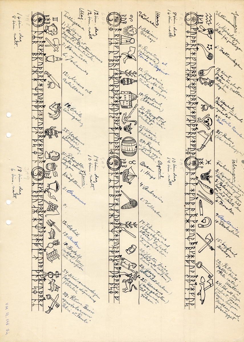 Av trä, med yxhuvud av pärlemorinlagd metall. Längs staven en runkalender med gyllental från och med 1795.
Mått: Yxa 135 mm.