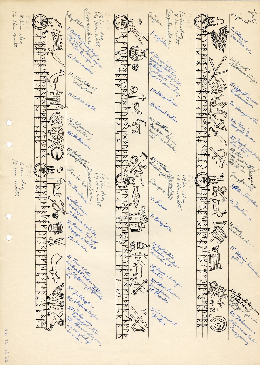 Av trä, med yxhuvud av pärlemorinlagd metall. Längs staven en runkalender med gyllental från och med 1795.
Mått: Yxa 135 mm.