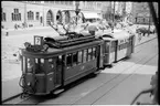 På torget utanför rådhuset i Basel ses ett spårvagnståg som trafikerade linje 7.