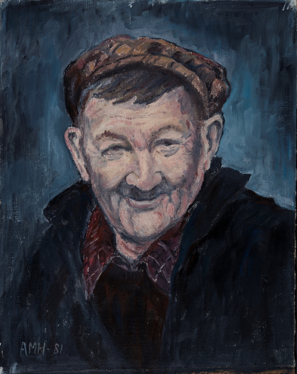 Einar Kristiansen, bygdeorginal, "Dæhlistuen" 1900-1983, Ottestad. Portrett, malt av Anne Marie Hveen, 1981.