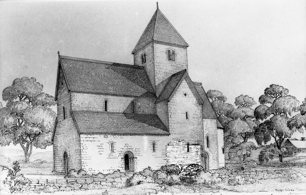 Avfotografert tegning av en gammel utgave av Hoff kirke i Østre Toten. Seks identiske bilder.