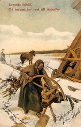 Vykort med motiv av en kvinna som sågar ved och en man med h