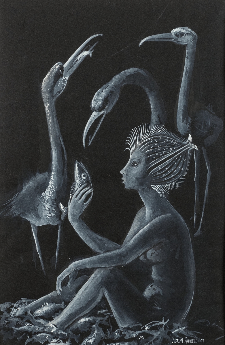 Gouachemålning av Gudrun Åhlberg, 1951. Okänd titel. Motivet påminner om Åhlbergs oljemålning Undine, vattennymfen, XLM.41657. Oramad vid gåvotillfället. Ny ram 2018.