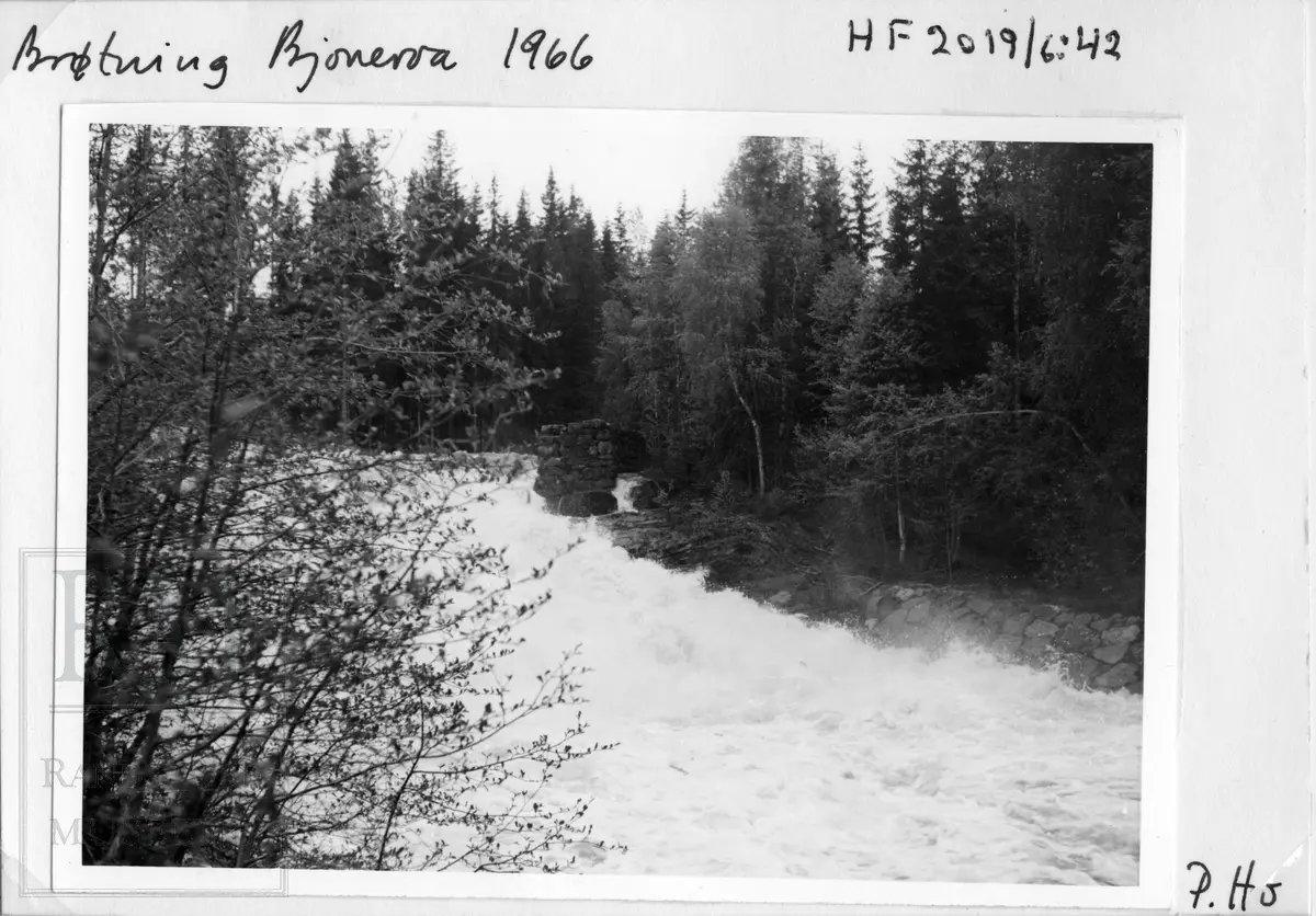 Fløtning i Bjoneelva i Bjonvassdraget. Fra Draget, via Østre Bjonevatnet, Bjonvassdammen, Østre Bjonelva, Haugtjern, Stilla og til Randsfjorden