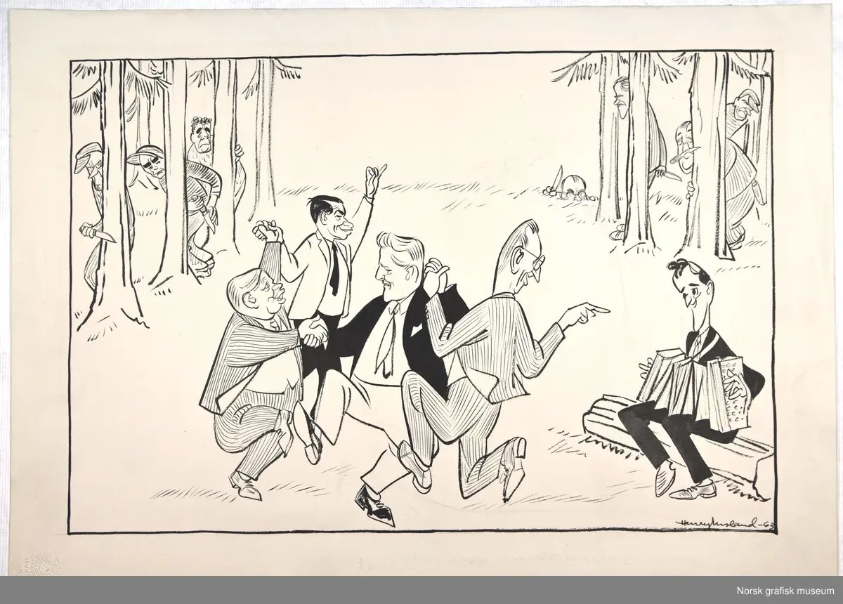 En gruppe menn danser i ring mens en annen mann sitter og spiller trekkspill. Bak noen trær i bakgrunnen skimter vi andre menn som forsøker å gjemme seg.