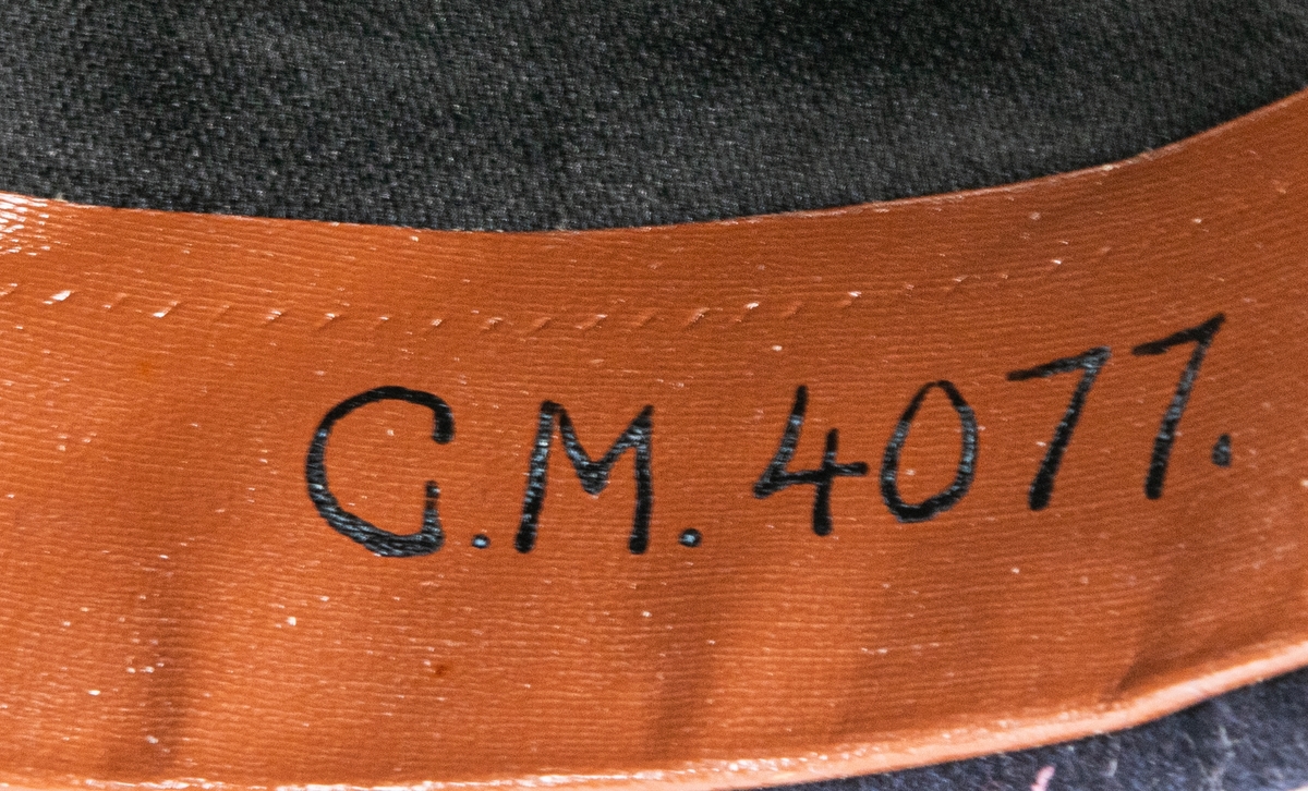 Mössa, uniformsmössa, blå med stor mässingsbricka, lilla riksvapnet omgivet av lejon, flaggor och med kungl. krona ovanför samt 5-uddig stjärna med strålar. Överst plymfäste med tagelplym. M/1899.