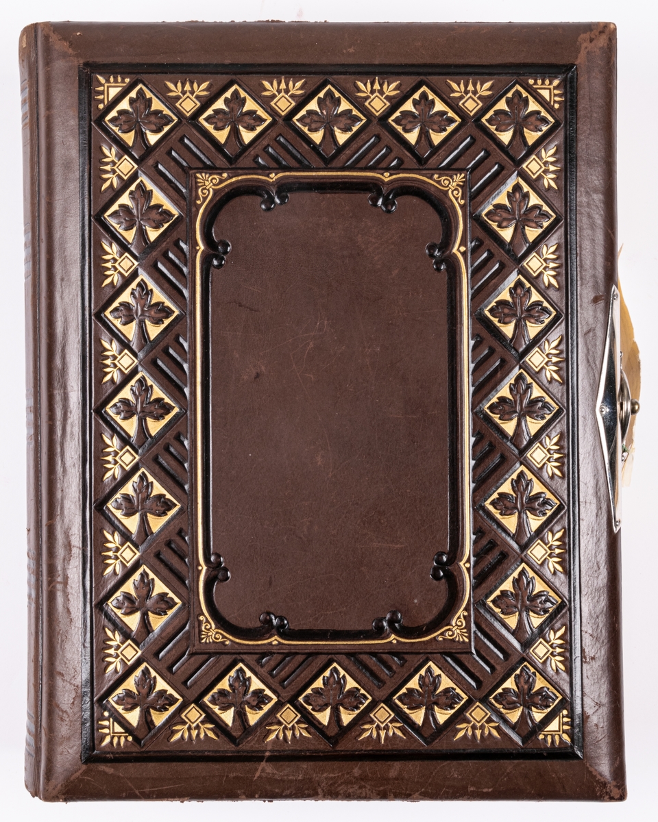 Fotoalbum, brunt skinn. Dekor; spegel inramad av reliefartad bård i rutsystem med blad bemålad med guld och mörk färg. På baksidan smal bård och spegeln fylld med slingrande ornamentik. I hörnen nubbar.