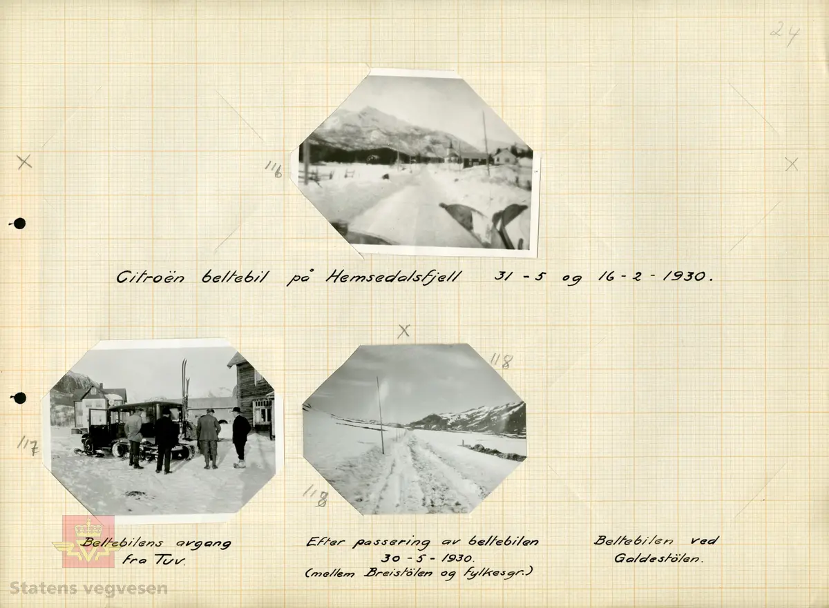 Tekst i album: "Efter passering av beltebilen 30-5-1930. Mellom Breistølen og Fylkesgrensen. 
Bilde 2) Helside i album "Snebrøyting og Sneskjermer."
Bilde 3) Helside i album "Snebrøyting."
Se Nedlastinger og Relasjon/Relaterte objekter lenger ned på siden. 
Ref. til "Meddelelser fra Veidirektøren,  Nr. 3-1930. Beltebil over Hemsedalsfjell."Av avdelingsingeniør Thor Larsen, Veidirektørkontoret. 
Ref. til "Meddelelser fra Veidirektøren," Nr. 9-1929. "Nye forsøk med beltebil på vinterføre," av avdelingsingeniør Thor Larsen. Veidirektørkontoret. 
Ref. til artikkel i "Meddelelser fra Veidirektøren", Nr. 10- og Nr. 11-1931: "Snerydningen på våre veier vinteren 1930-1931".