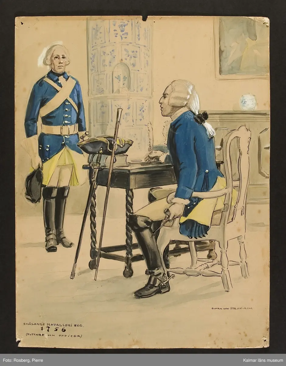 Motiv med uniformsbild, ryttare och officer som visar mundering, utrustning, uniform och tillbehör vid Kungliga Smålands husarregemente 1756. Interiör med skrivbord, i hörnet en kakelugn.