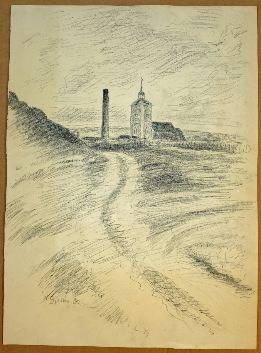 Røros kyrkje, bergverket og slagghaugar [Tegning]