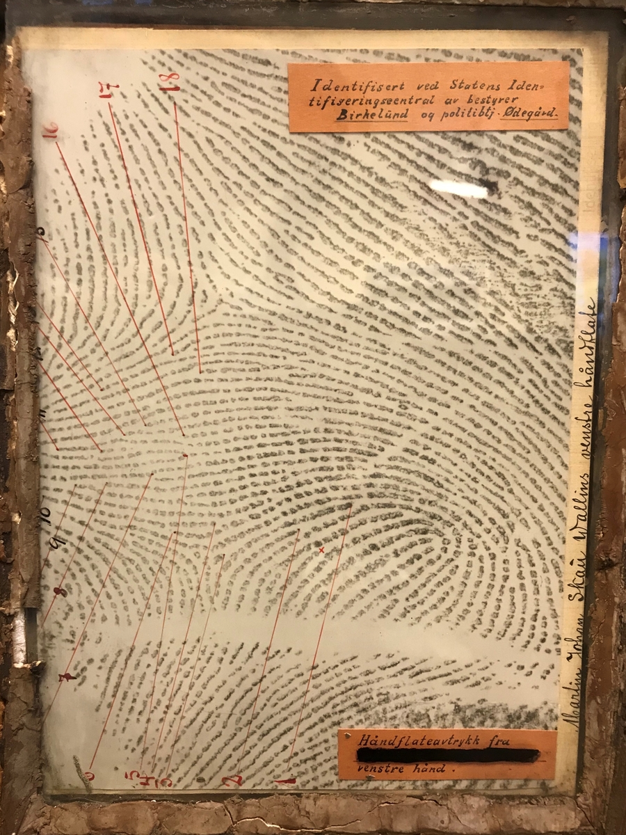 En montasje laget av bevismateriale; en knust vindusrute, et skjerf , en tollekniv der bladet er løsnet fra skaftet, to håndflateavtrykk og tre foto. Deler av montasjen er gjenbruk av et maleri.