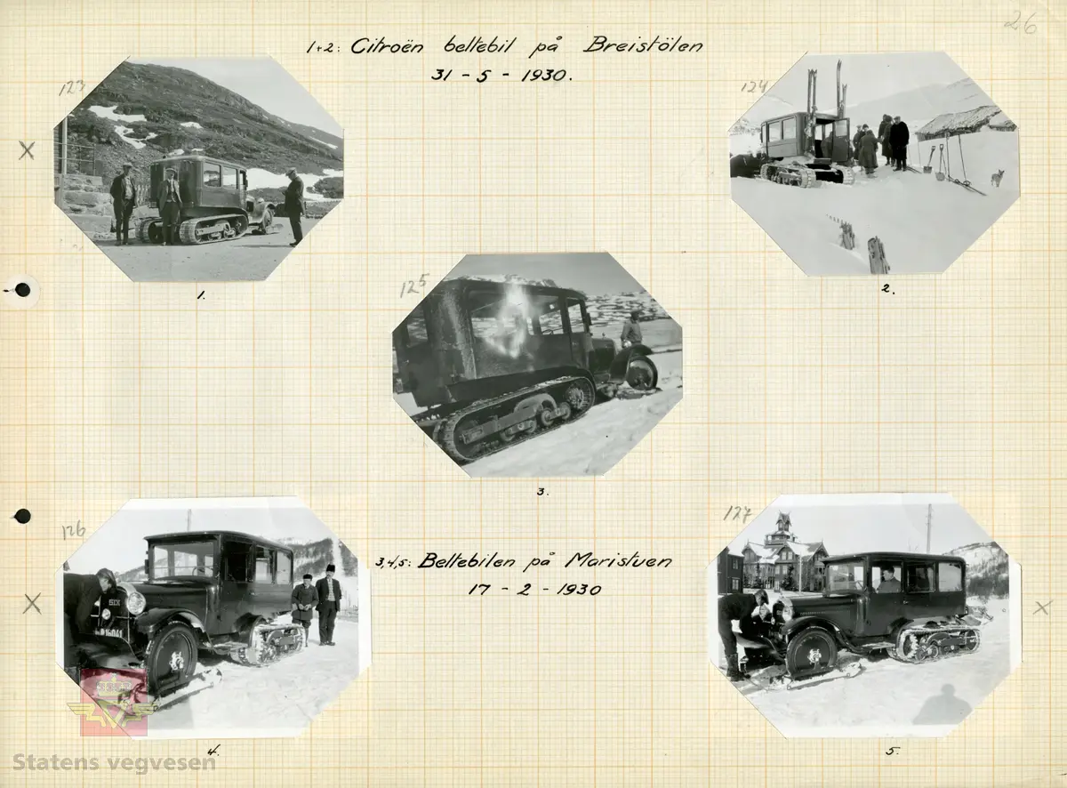 Citroën Kegresse beltebil på Breistølen 31-5 1930. 
Fra venstre: ukjent, vegsjef for vegvesenet i Buskerud fylke Simen Fougner Hartmann og vegdirektør Andreas Baalsrud. 
 S-269 er en 1930 modell Citroën Kegresse. Ref. til "Håndverk på hjul". av Asbjørn Rolseth, side 438. 
 I 1935 eies den av Fru Sara Maristuen og H. L. Boen, med adresse Maristuen. Så da er vi på gamle Kongeveien over Filefjell. 
Informant John Hindklev. 
Bildet er også registrert på NVM 00-F-33462 i albumet "Snebrøyting". 
Bilde 2) Helside i album "Snebrøyting og sneskjermer."
Bilde 3) Helside i album "Snebrøyting."
Se Nedlastinger lenger ned på siden. 
Ref. til "Meddelelser fra Veidirektøren,  Nr. 3-1930. Beltebil over Hemsedalsfjell."Av avdelingsingeniør Thor Larsen, Veidirektørkontoret. 
Ref. til "Meddelelser fra Veidirektøren," Nr. 9-1929. "Nye forsøk med beltebil på vinterføre," av avdelingsingeniør Thor Larsen. Veidirektørkontoret. 
Ref. til artikkel i "Meddelelser fra Veidirektøren", Nr. 10- og Nr. 11-1931: "Snerydningen på våre veier vinteren 1930-1931".