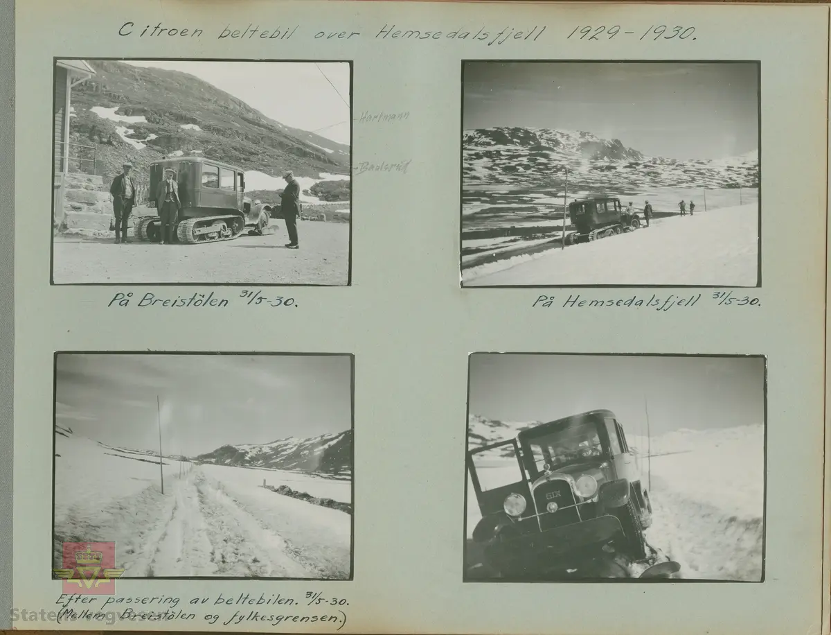 Citroën Kegresse beltebil på Breistølen 31-5 1930. 
Fra venstre: ukjent, vegsjef for vegvesenet i Buskerud fylke Simen Fougner Hartmann og vegdirektør Andreas Baalsrud. 
 S-269 er en 1930 modell Citroën Kegresse. Ref. til "Håndverk på hjul". av Asbjørn Rolseth, side 438. 
 I 1935 eies den av Fru Sara Maristuen og H. L. Boen, med adresse Maristuen. Så da er vi på gamle Kongeveien over Filefjell. 
Informant John Hindklev. 
Bildet er også registrert på NVM 00-F-33462 i albumet "Snebrøyting". 
Bilde 2) Helside i album "Snebrøyting og sneskjermer."
Bilde 3) Helside i album "Snebrøyting."
Se Nedlastinger lenger ned på siden. 
Ref. til "Meddelelser fra Veidirektøren,  Nr. 3-1930. Beltebil over Hemsedalsfjell."Av avdelingsingeniør Thor Larsen, Veidirektørkontoret. 
Ref. til "Meddelelser fra Veidirektøren," Nr. 9-1929. "Nye forsøk med beltebil på vinterføre," av avdelingsingeniør Thor Larsen. Veidirektørkontoret. 
Ref. til artikkel i "Meddelelser fra Veidirektøren", Nr. 10- og Nr. 11-1931: "Snerydningen på våre veier vinteren 1930-1931".