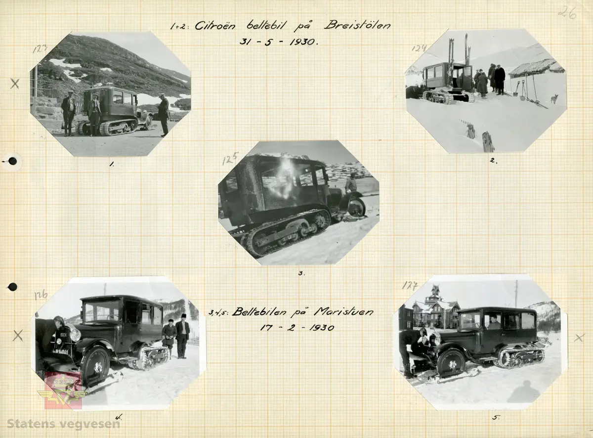 Tekst på baksiden av bildet: "Ved Maristuen 17/2-1930". 
 Prøvekjøring og demonstrasjon med Citroën Kegresse halvbeltebil. Betegnelsen six i fronten, som står for sekssylindret rekkemotor. Prøveskilt A-16041. 
"Jakobstigen" ved Maristuen. Sitat frå www. allkunne.no:
"På Filefjellet gjekk den nye Kongevegen frå Maristova opp den stupbratte «Jakobstigen», og deretter i himmelsynet på sørsida av sjølve dalføret. På stiftsgrensa her oppe reiste generalvegmeister C. J. Hammer ei diger minnestøtte i marmor. Den vart kjøpt i Danmark, frakta med båt til Lærdal og køyrd til fjells med spesialvogn.
Støtta åleine drog av garde med ein stor del av vegbudsjettet. Denne «stiftsstøtta» står ved Kongevegen den dag i dag, men var ei tid flytta til noverande veg i dalbotnen. Jakobsstigen er 1794 utgåva av kongevegen over Filefjell, det gjeld bakken opp for Maristova. Den vart heilt eller delvis lagt om i fleire omgangar og i alle fall frå 1840-talet." 
Bilde 2) Helside i album "Snebrøyting og sneskjermer." 
Se Nedlastinger lenger ned på siden. 
Ref. til "Meddelelser fra Veidirektøren,  Nr. 3-1930. Beltebil over Hemsedalsfjell."Av avdelingsingeniør Thor Larsen, Veidirektørkontoret. 
Ref. til "Meddelelser fra Veidirektøren," Nr. 9-1929. "Nye forsøk med beltebil på vinterføre," av avdelingsingeniør Thor Larsen. Veidirektørkontoret. 
Ref. til artikkel i "Meddelelser fra Veidirektøren", Nr. 10- og Nr. 11-1931: "Snerydningen på våre veier vinteren 1930-1931".