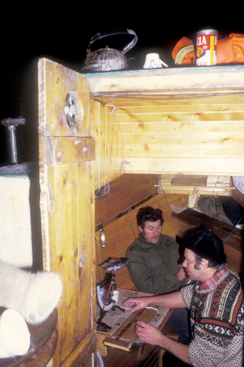 Flakstadvåg, 1973 : En mann sitter ved et bord i lugaren på en båt. På bordet foran seg har han ei vekt, et målebrett. Her tas det prøver av smolt.