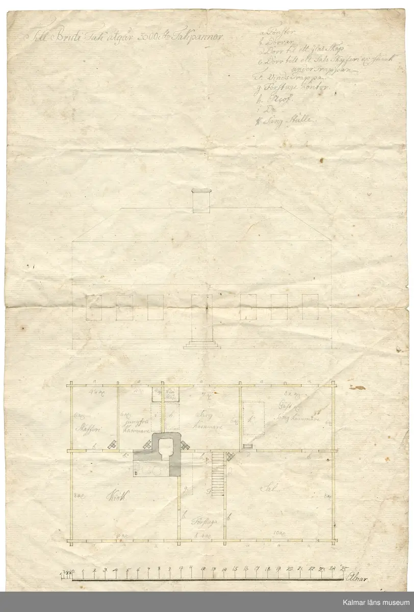 KLM 45824. Ritning, av papper. Ritning över fastighet i Kalmar. Ritningen visar en fasad samt plan. på ritningen "Til Bruti Tak utgår 3500 stn Takpannor" Littera med förteckning: a Fönster, b Dörrar, d Dörr till glasskåp, e Dörr till ett Sals Skafferi el Skänk, f VindsTrappa, g Förstuge kontor, h Alkof, i Do, k säng Ställe. Samtlgia littera markerade på planritningen. På baksidan stpr antecknat "Å andra sidan författade Ritning är vid ämbetets sammankomst i dag uppvist och godkänd, som till bevis härå skulle nedtecknas. Calmar den 6 November 1807 ?protokolls ? Ytterligare ett antal mindre antecknignar. Mest framträdande är en senare blyertsanteckning som lyder Joh. Sandström 1807.