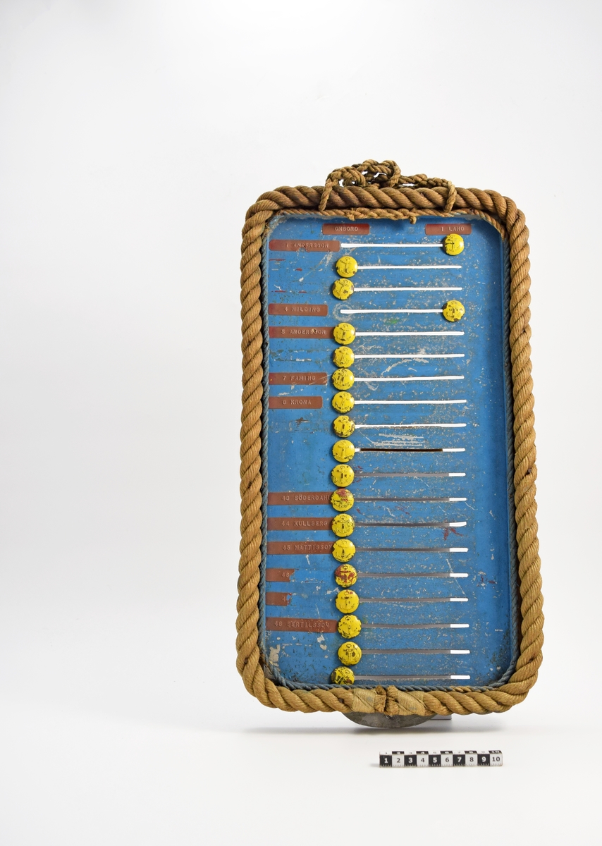 Permissionstavla. Består av en rektangulär plåt av lättmetall, blåmålad. På plåten en ram av trä, runt denna, tågvirke. Plåten är försedd med 19 st. vågräta, genombrutna spår. I varje spår en gulmålad ankarknopp, fasthållen i spåret medelst en trådklämma i knoppöglan på plåtens baksida. Ovanför översta spåret, röda markeringsremsor märkta med: Till vänster "ombord", tillhöger "i land". Till vänster om spåren markeringsremsor med namn (en del remsor saknas). På baksidan en remsa med följande text: Design by Micha Lindskog Larsson 10th Sept. 1964.