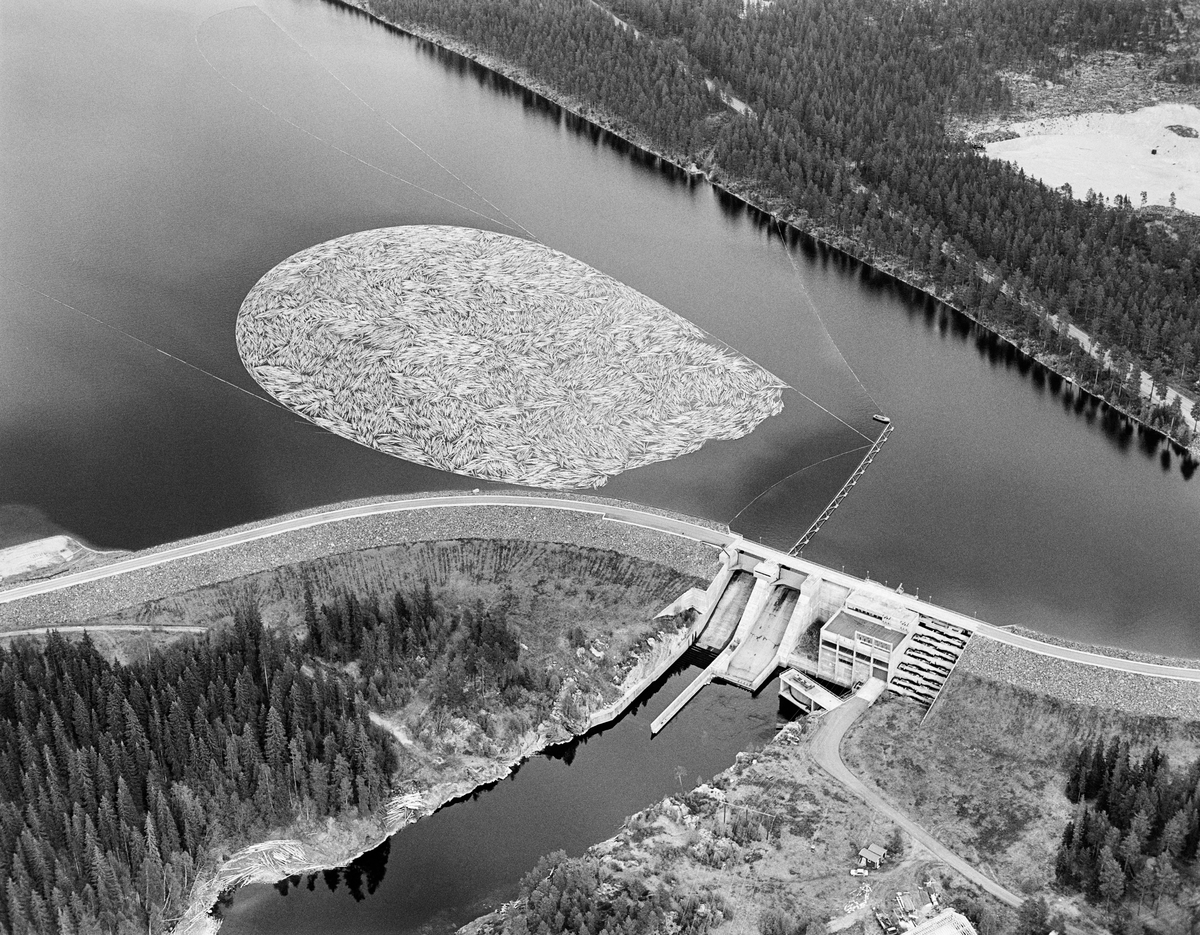 Flyfotografi av tømmerbom i den ytre (sørvestre) enden av Løpsjøen, en oppdemt del av elva Søndre Rena i Åmot kommune i Hedmark.  Fotografiet er tatt i mai 1984, den siste sesongen det var tømmerfløting i denne delen av Glommavassdraget.  Løstømmer fra områder høyere oppe i vassdraget var altså samlet i en ringbom av sammenkjedete tømmerstokker, som i sin tur er omgitt av ledelenser som skulle forebygge at tømmeret la seg mot land (strendene).  Vi skimter også ei lense som går vinkelrett ut fra damkonstruksjonen.  Den skulle bidra til at stokkene – når fløterne var klare for det – kunne slippes mot det såkalte «tømmerløpet» i dammen.  Dette er en kraftverksdam som utnytter vann fra Søndre Rena (inkludert vann som kommer i dette vassdraget fra Glomma via Rendalen kraftverk) og Søndre Osa.  Kraftverket er en fyllingsdam med flomløp og fisketrapp.  Fra åpningen i 1971 til fløtinga ble avviklet i 1984 hadde anlegget, som nevnt, også et tømmerløp.  Løpet kraftverk utnytter en fallhøyde på 19 meter.  Det er utstyrt med en kaplanturbin som yter 24 megawatt.  Øverst til høyre i bildet, langs Løpsjøens strandlinje, ser vi Fylkesveg 216 mellom Rena i Åmot og Jordet i Trysil, her kalt «Haugedalsvegen».  Vegen over damkrona var en samleveg for flere skogsbilveger i utmarka mellom Søndre Rena og Glomma, et område som etter åpningen av Rena leir i 1997 er blitt preget av militær aktivitet.