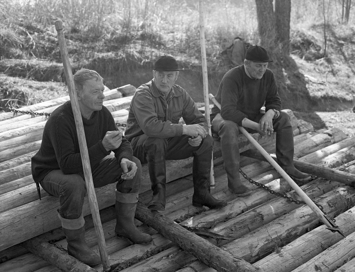 Tømmerfløterne Harald Husa, Martin Berget og Håkon Skau, fotografert mens de tok seg ei lita kvilestund ender arbeide med å legge ut Prestegardslensa fra Glommas østre bredd, liker sør for kommunesenteret. Fotografiet bvle tatt våren 1984. Karene var arbeidskledde og to av dem nøt en sigarett mens de kvilte. Alle hadde hver sin kortskaftete fløterhake, som ble brukt under arbeidet. De satt på velta med florlagte lensestokker. Dette var tømmer Glomma fellesfløtingsforening hadde kjøpt og fått bearbeidet med sikte på at stokkene skulle gjenbrukes som i ei ledelense år etter år. Utenom fløtingssesongen ble tømmeret lagret luftig, slik at det skulle være tørt og ha gode flyteegenskaper når lensa ble montert.

En kort tekst om bruken av Prestegardslensa finnes under fanen «Andre opplysninger».