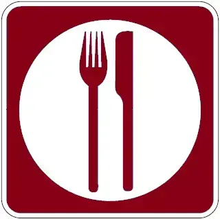 Mørkerødt skilt med hvit sirkel og rød kniv og gaffel inni.