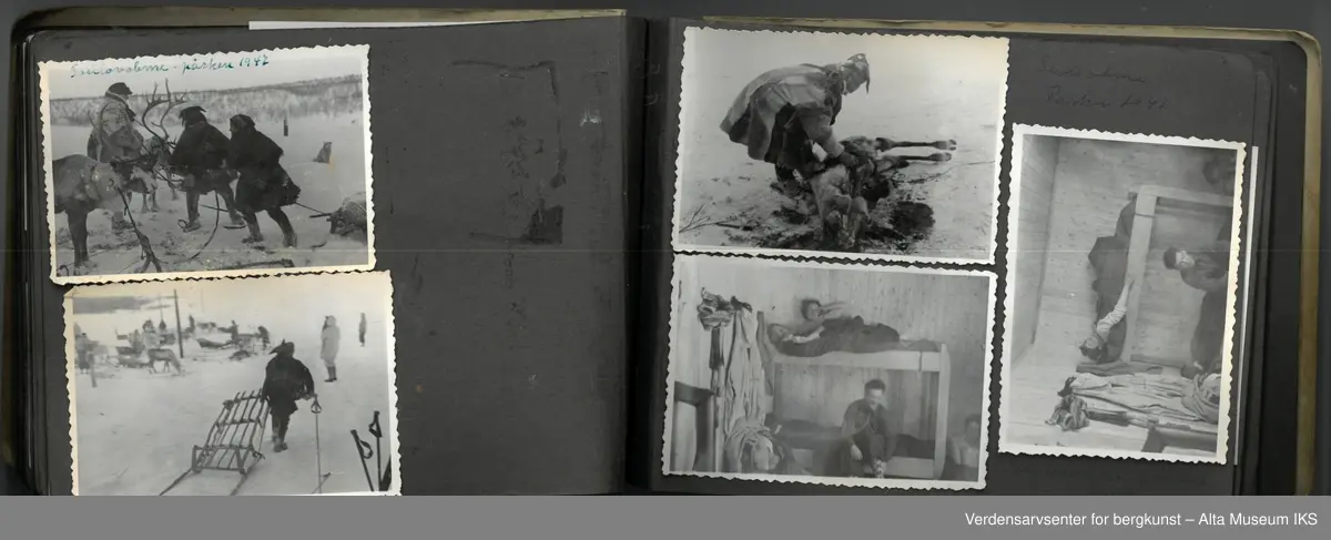 Fotoalbum med små bilder i størrelse 8,6 cm (lengde) x 6 cm (høyde). Det er ca 4 bilder per side, bildene er limt fast, noen har løsnet helt, andre er i ferd med å løsne. Noen bilder er en smule bøyd, andre er i god stand. Albumet i seg selv er relativt slitt, men i god stand.