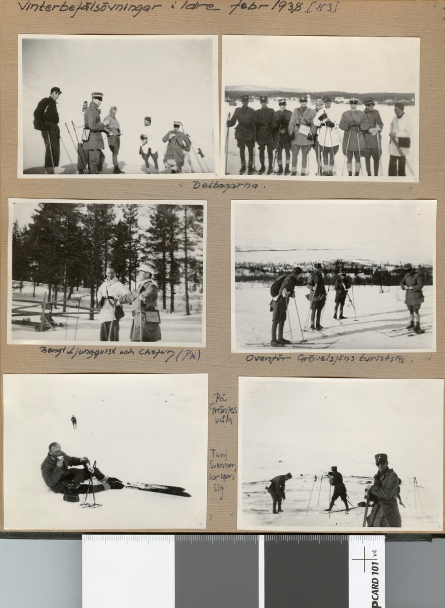 Text i fotoalbum: "Vinterbefälsövningar i Idre febr 1938. Ovanför Grövelsjöns turiststn".