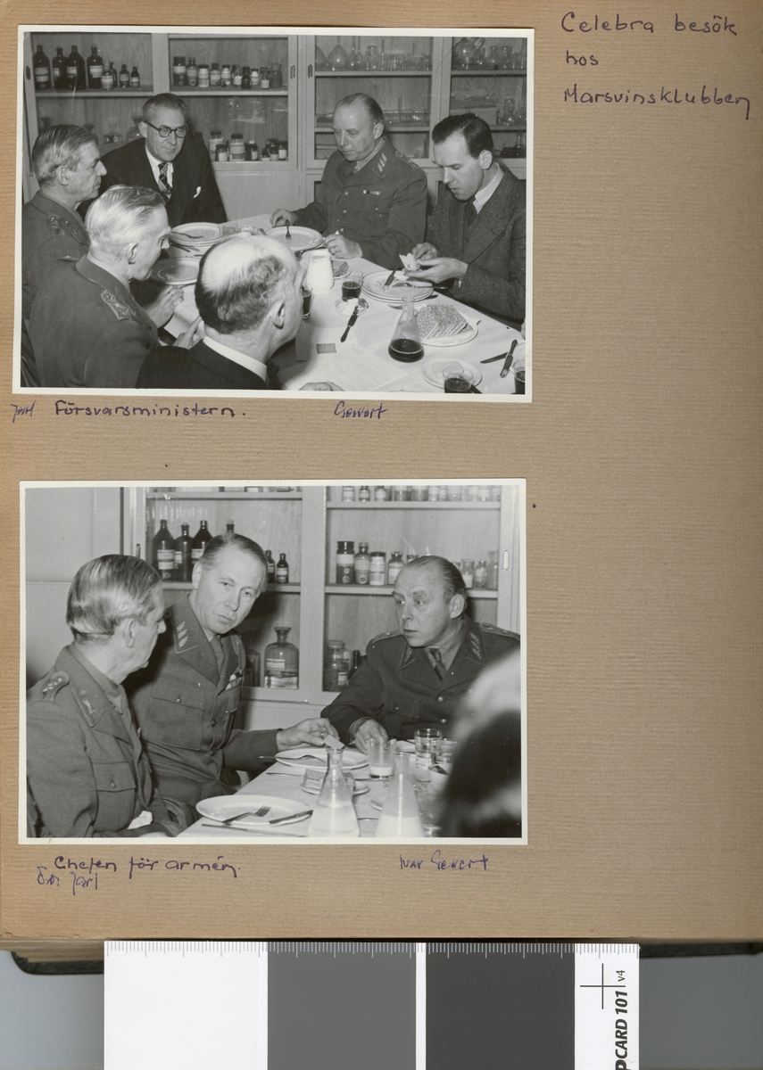 Text i fotoalbum: "Celebra besök hos Marsvinsklubben. Jarl, försvarsministern, Gewert".