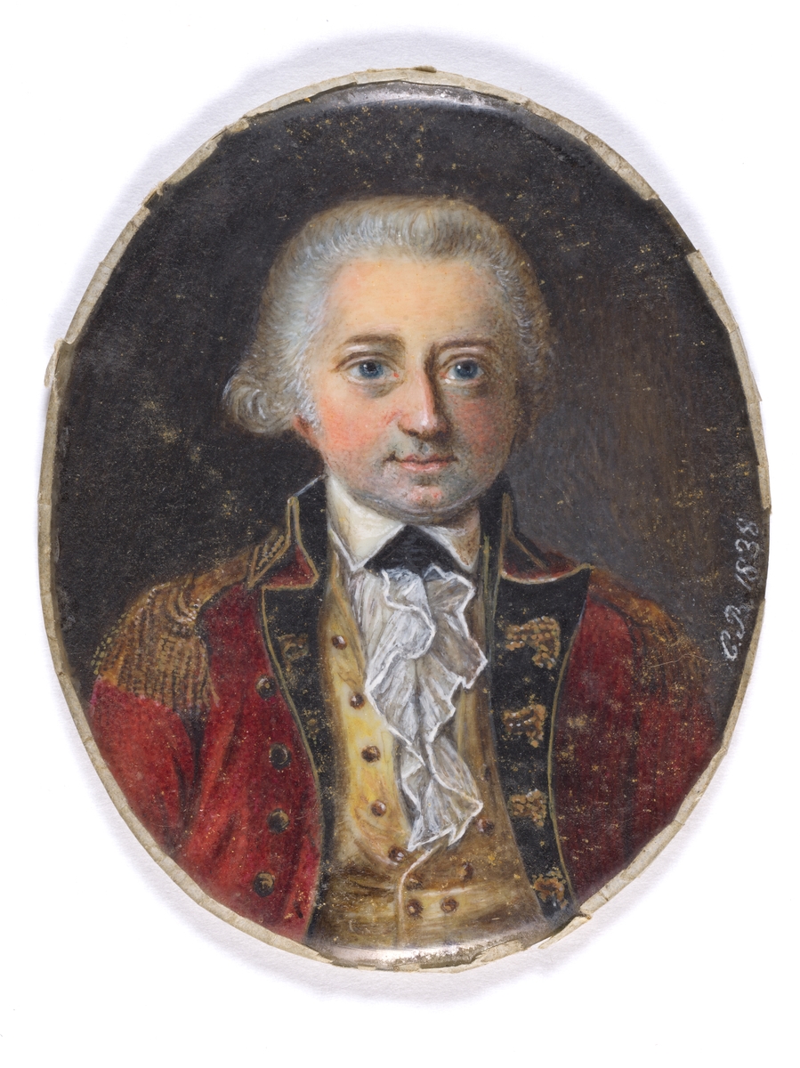 Brystbilde av Peder Anker iført rød uniform/drakt med epåletter.