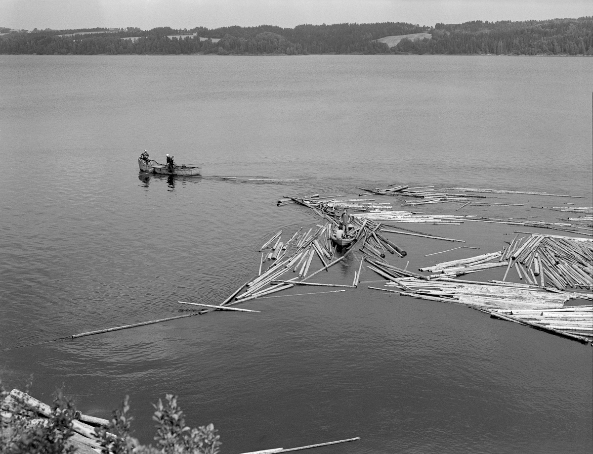 Løsing av tømmerslep ved Sleppetangen i Spydeberg i Østfold, der nedre del av Glomma renner ut av innsjøen Øyeren.  Fotografiet later til å være tatt fra et høyt punkt, antakelig en bergknaus, ved det stedet der tømmerslepene ble fortøyd.  Da dette fotografiet ble tatt var løsingsarbeidet nesten avsluttet.  Vi ser ned på et vannspeil der tømmeret tilsynelatende flyter fritt.  Til venstre, utenfor tømmerpartiet, går en varpebåt av jern med to mann om bord.  Denne båten kaltes «Kari», og ble ellers mest brukt i «etterrensken», oppsamlinga av løstømmer på Øyeren.  Årsaken til at «mosene» (tømmerbunter), som var slept fra Fetsund lenser, ble løst opp ved Sleppetangen, var at stokkene måtte fløtes løst gjennom tømmerrennene ved kraftverkene Solbergfoss, Kykkelsrud og Vamma.  Tømmeret ble samlet, sortert og moset på nytt ved Glennetangen lense i Skiptvet.  Derfra ble mosene slept videre, enten i østre løp mot Oppsund ved Sarpsborg eller mot tømmertunnelen ved Eidet i det vestre løpet. 