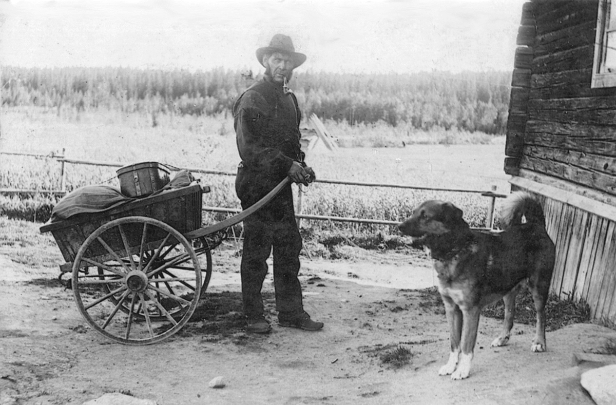 På bilden syns ”Stor-Johan”, förtennare och kopparslagare. Enligt Per Asplunds artikel i Hälsingerunor (1954) var Johan av resandesläkt och ska ha rest i hela Skandinavien och Finland.  Då han blev äldre arbetade han främst i Dalarna och Hälsingland. Då återkom han till vissa gårdar för härbärge och gjorde därifrån utflykter för att samla in kärl i bygden som skulle repareras. På sommaren lastade han redskapen på en vagn, om vintern på en kälke. Johan var känd för att göra ett bra arbete och berättade gärna om platser han besökt. Arbete med metallhantverk som förtenning och kopparslageri har historiskt varit vanligt bland resande i Sverige och Norge.