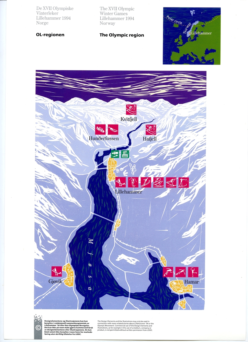 Åtte ark som beskriver grunnelementene i designprogrammet for Lillehammer '94
1: Lillehammer-emblemet
2: Kart OL-regionen i farger
3: Kart OL-regionen i svart-hvitt
4: Piktogrammer
5: Maskotter
6: Krystallmønster
7: Piktogramelementer: Piktogram for Kultur, '94 laget og seremonier
8: Kart for fakkelstaffetten i farger