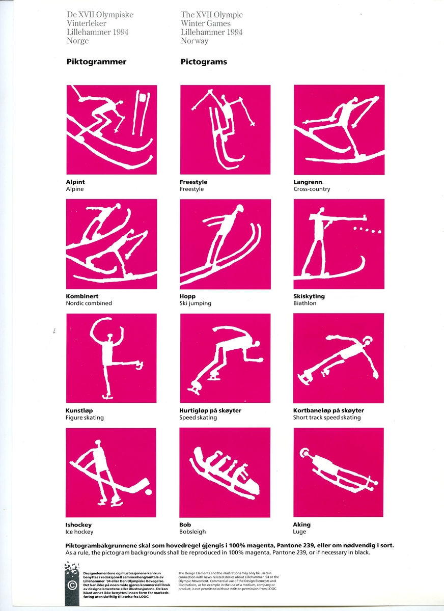 Åtte ark som beskriver grunnelementene i designprogrammet for Lillehammer '94
1: Lillehammer-emblemet
2: Kart OL-regionen i farger
3: Kart OL-regionen i svart-hvitt
4: Piktogrammer
5: Maskotter
6: Krystallmønster
7: Piktogramelementer: Piktogram for Kultur, '94 laget og seremonier
8: Kart for fakkelstaffetten i farger