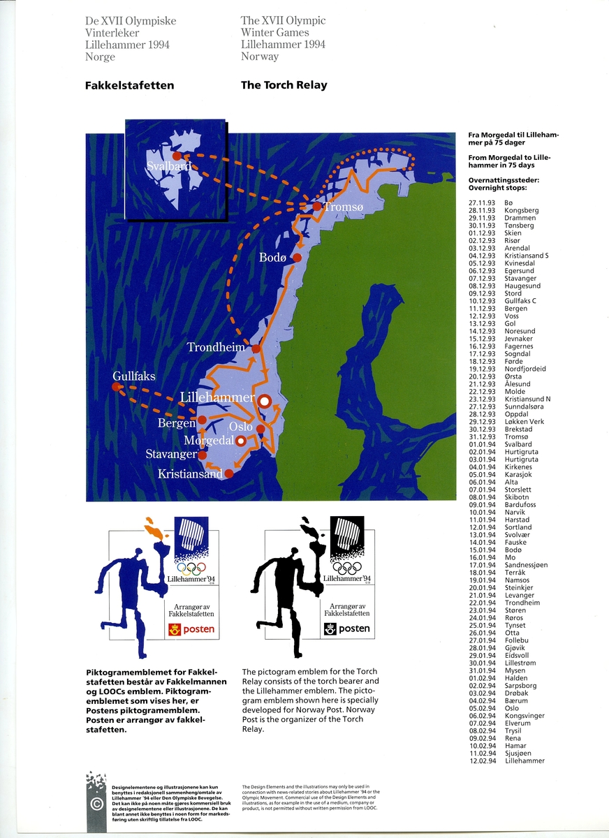 Åtte ark som beskriver grunnelementene i designprogrammet for Lillehammer '94
1: Lillehammer-emblemet
2: Kart OL-regionen i farger
3: Kart OL-regionen i svart-hvitt
4: Piktogrammer
5: Maskotter
6: Krystallmønster
7: Piktogramelementer: Piktogram for Kultur, '94 laget og seremonier
8: Kart for fakkelstaffetten i farger