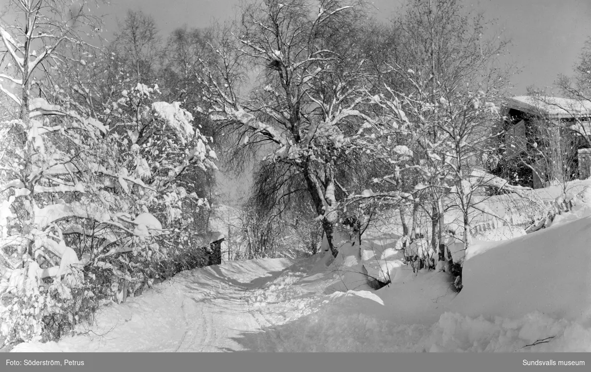 Vinter i Kvarndalen med bostadshuset samt kvarnhuset på respektive bild.