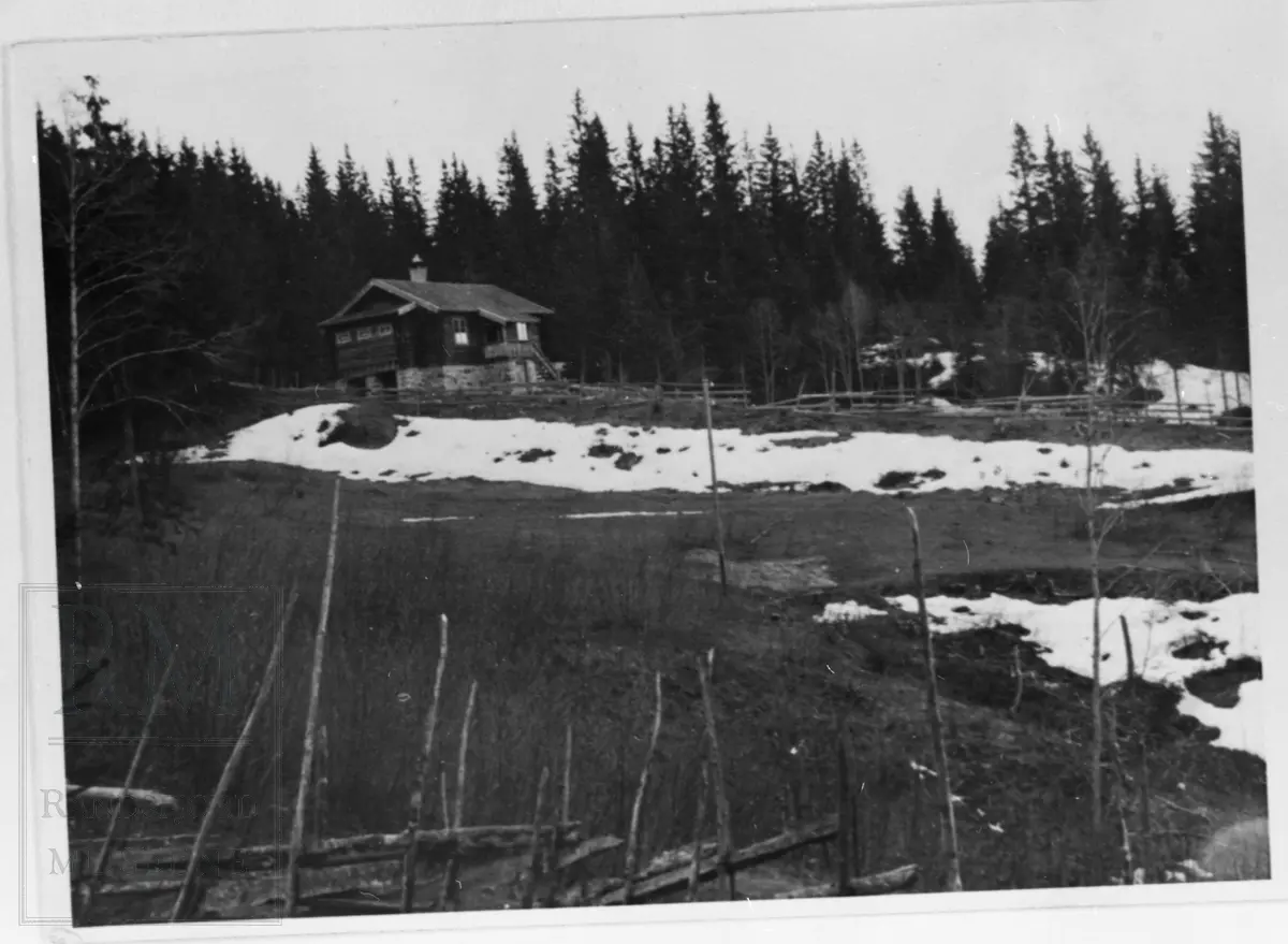 Hytte i skogen. I forgrunnen slåtteeng og stakittgjerder.