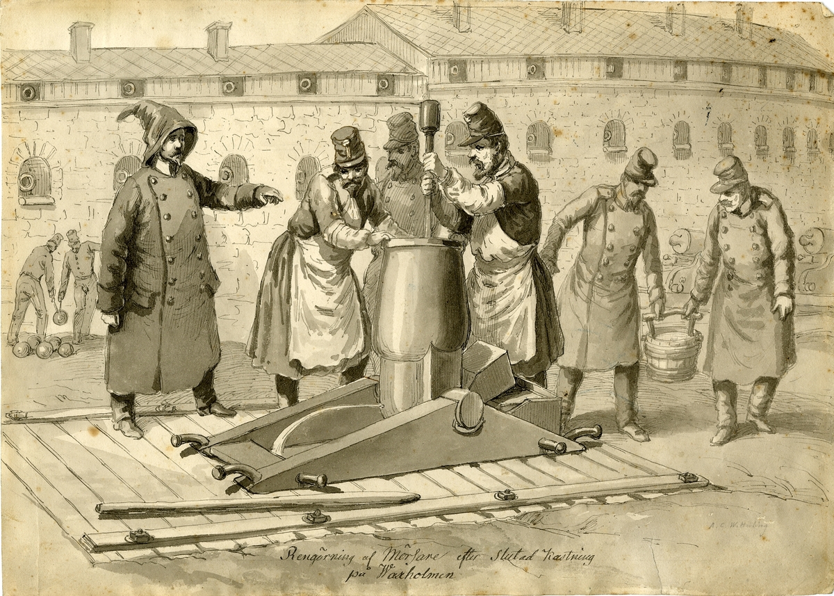 Grupp M I.
Teckning av A.C Wetterling föreställande "Rengöring av mörsare vid Vaxholms fästning". Nederst på teckningen text: "Rengöring af Mörsare efter Slutad Kastning på Waxholmen."