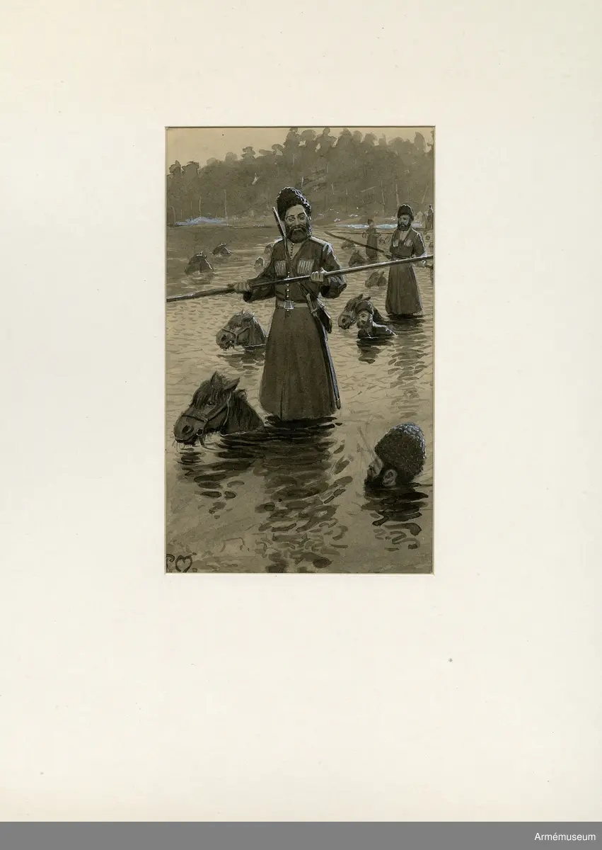 Grupp M I.
Tuschlavering/illustration ur "Med vapen i hand", romantiserad skildring av vårt kommande krig, av Erik Drake 1902. Illustrationern av Pelle Malmberg föreställer "Kosacker på simmande hästar".