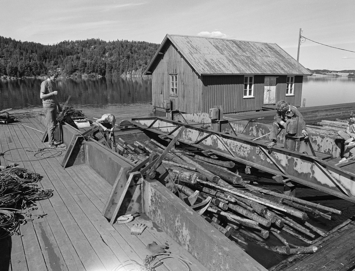 Arbeid i en av mosemaskinene ved Glennetangen lense i nedre Glomma sommeren 1985.  Fotografiet er tatt fra den faststående «brøkkerbrua» ytterst i anlegget. Mot den lå det en del komprimert fløtingstømmer som var under «mosing» - det skulle buntes («moses») med sikte på buksering videre nedover i vassdraget. Dette ble gjort ved å la en høvelig mengde tømmer flyte inn i mosekammeret og presse det sammen ved hjelp av den bevegelige «kjørebrua», som gikk på skinner på flåtegangene som dannet ytterkantene på «renna», kanalen der tømmeret kom sigende. Begge bruene hadde nedfellbare stenger (også kalt «sverd») som skulle gi maskinen grep om alt tømmeret som befant seg i mosekammeret. Kjørebrua ble drevet fram og tilbake ved hjelp av en motorisert vinsj, som ble operert fra motor- og styrhus som ikke er synlig på dette bildet. Ved hjelp av dette utstyret presset maskinføreren tømmeret mot brøkkerbrua, slik at det ble til en forholdsvis kompakt bunt. Så kuttet han strømmen på vinsjen og slo inn bremsen, slik at karene ute på mosemaskinen kunne feste to «grimer» - vaierbind med en kjettingstump i den ene enden og «kaus», et beslag med festespalte for kjettinglekkene, i den andre. Hver «mose» (tømmerbunt) ved Glennetangen lense fikk to slike bind, før den var klar for videre sleping nedover vassdraget.  Det var fire arbeidere som samarbeidet om driften ved hver mosemaskin: En satt i styrhuset og betjente vinsjen og bremsen, mens han fulgte prosessen gjennom store vindusruter. To karer la grimer på mosene. Vanligvis sto det også en fjerdemann på brøkkerbrua, klar til å løfte stengene etter at grimene var på plass, slik at maskinføreren kunne gi mosen et siste dytt med kjørebrua. Dermed skled den ut av anlegget og ble tatt hånd om av karer som arbeidet nedenfor med å binde mosene sammen til slep, som ble trukket videre i Glommas østre eller vestre løp ved hjelp av slepebåter. De siste åra det ble fløtet i Glomma var det bare Borregaard som hadde tømmer i vassdraget, og dermed var det bare det østre løpet, ned mot opptaksplassen Oppsund, som ble brukt. Glomma fellesfløtingsforening brukte fortsatt to mosemaskiner på Glennetangen. Dette fotografiet er tatt i den såkalte «A-maskinen». I tillegg til de nevnte fire karene som sørget for at tømmeret ble «moset» (buntet), arbeidet det også en teller på hver maskin. Han befant seg ved «tellerbrua», ovenfor kjørebrua, der han telte og bokførte virket som skulle moses.