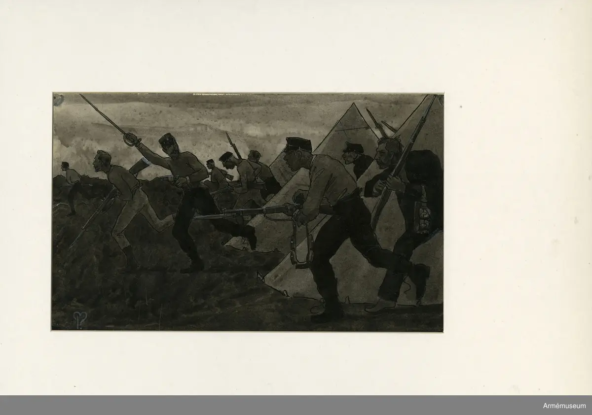 Grupp M I.
Tuschlavering/illustration ur "Med vapen i hand", romantiserad skildring af vårt kommande krig, av Erik Drake 1902. Illustrationern av Pelle Malmberg föreställer "Svenska soldater utrusande ur tälten på natten".