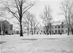 Utblick från Domkyrkoparken i Linköping. Till vänster ser vi entréfasaden till läroverkets gymnastikhus och till höger utbreder sig Biskopsgården, byggt under åren 1733-34. Kort efter tiden för bilden kom byggnaden att renoveras efter ritningar av Torben Grut och erhöll då bland annat dagens höga fönster. I fonden skymtar Konsistoriegården som förutom kyrklig verksamhet även inrymde stiftsbibliotek.