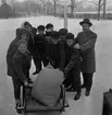 Skogsfåglar får spillsäd.
14 februari 1959.