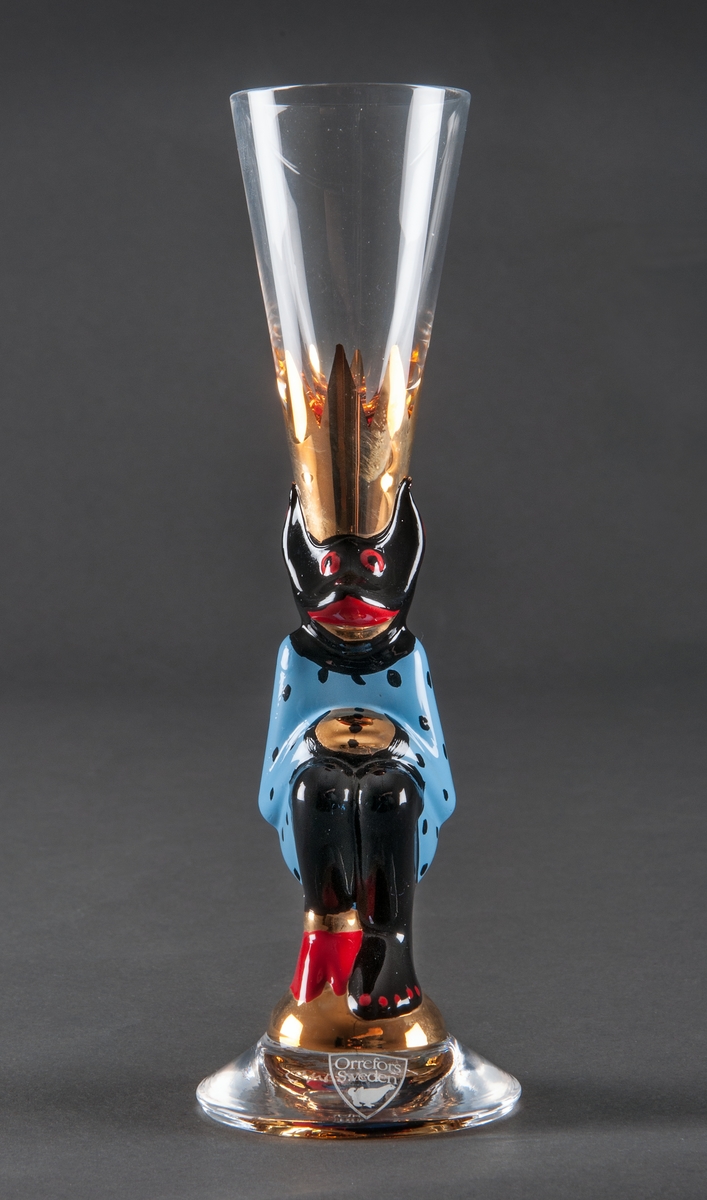 Snapsglas, ett s.k. Djävulsglas. "Gunnar Cyrén 80 år".