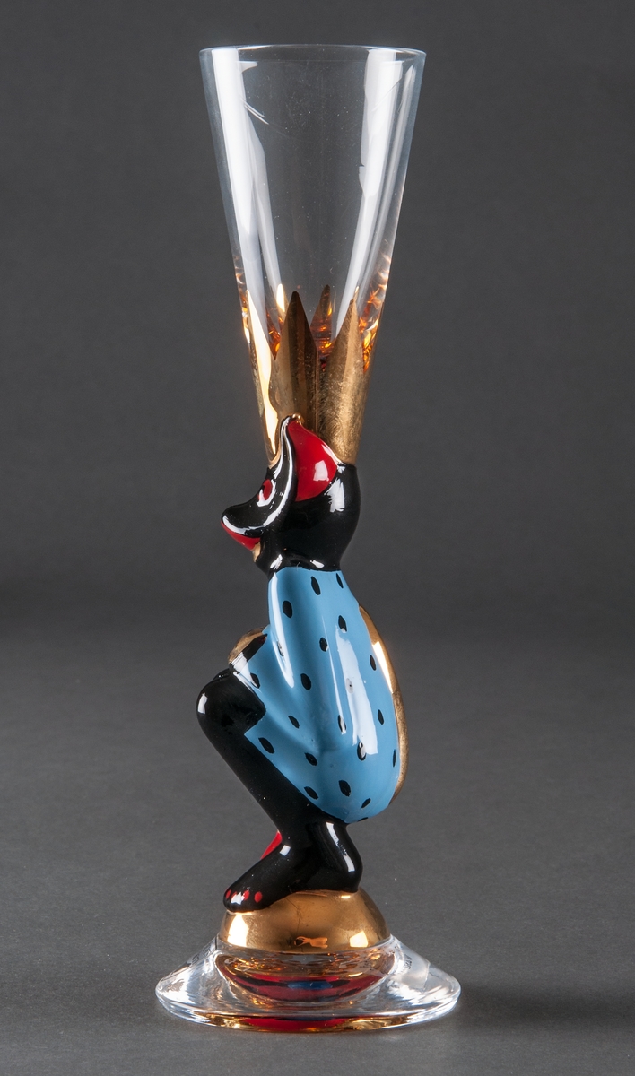 Snapsglas, ett s.k. Djävulsglas. "Gunnar Cyrén 80 år".