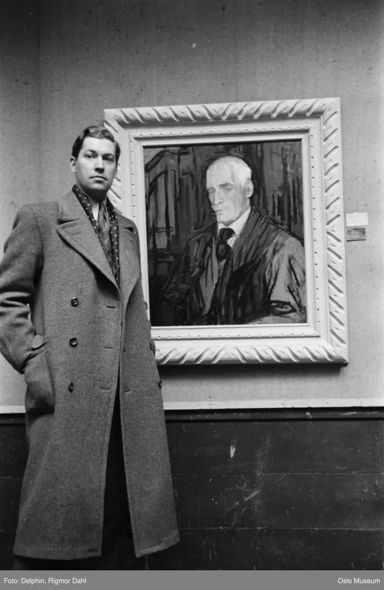 Kunstnerforbundet, interiør, galleri, mann, maler, debututstilling, maleri, portrett av Knut Hamsun