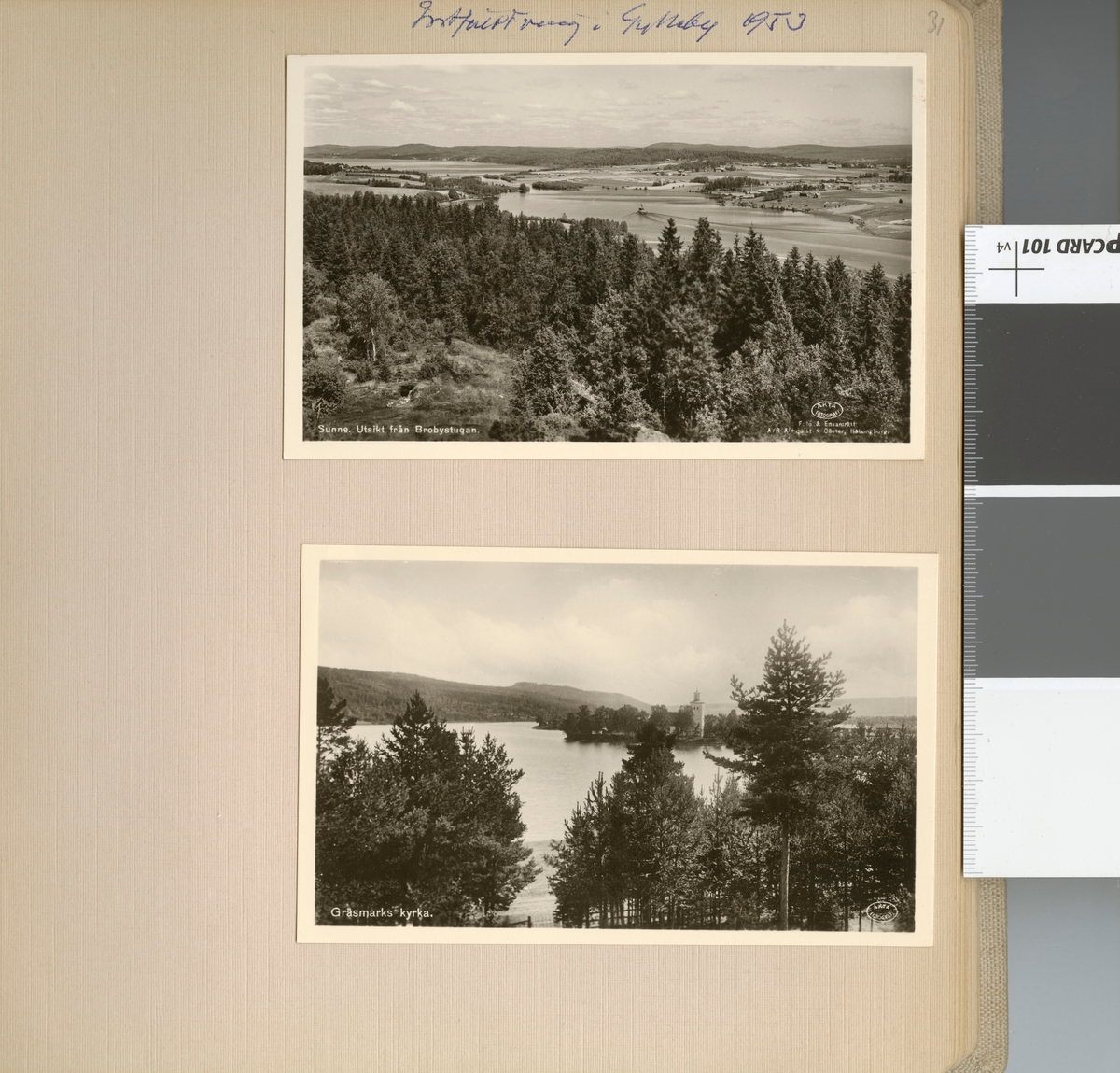 Text i fotoalbum: "Intfältövning i Gylleby 1953. Gräsmarks kyrka".