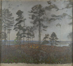 Tallar, grå höstdag [Målning]