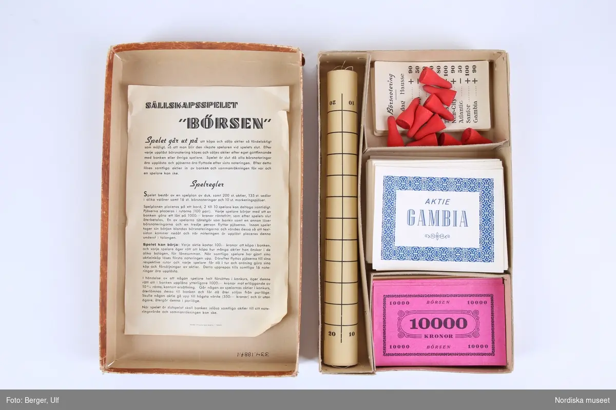 Sällskapsspel för 2 till 10 spelare, med en a) spelplan av vaxduk, b+) 200 låtsasaktier av papper, c+) 16 börsnoteringar, d+) tio spelpjäser av rödmålat trä och e+) papperssedlar i olika färger och valörerna 10 kr., 50 kr., 100 kr., 200 kr., 1.000 kr., 5.000 kr. och 10.000 kr. Aktiebreven gäller tio olika bolag, exempelvis Goodyear, Corona och Arsenal. Börsnoteringarna varierar mellan exempelvis Hausse, Baisse, Oförändrad eller Svart dag. Spelplanen är indelad i rutor med olika värden för de tio aktiebolagen. Om värdet sjunker till noll väntar konkurs. Spelet ligger i en f:1-2) kartong med fyra fack för delarna. Ett papper med tryckta spelregler sitter fastlimmad på kartonglockets insida.