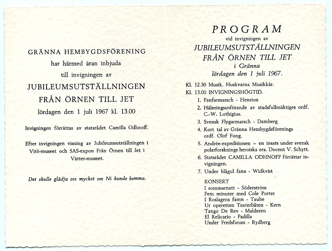 Litet vikt och präglat ark med program till jubileumsutställningen "Från Örnen till Jet" med anledning av Andréexpeditionens 70-årsjubileum.
Även program tryckt på enklare papper. Avviker på så sätt att tal av kapten Göran Lind: Modernt polarflyg i Andrées spår, är tillagt samt att "Högtiden är förlagd till Braheparken".