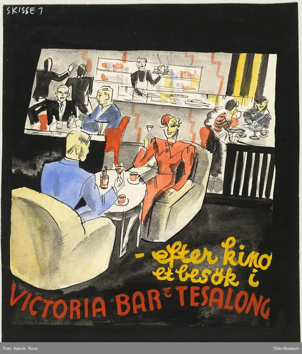 Reklametegninger av Victoria Bar & Tesalong.

A: versjon i farger

B: versjon i sort/hvitt med antegninger på fargesetting