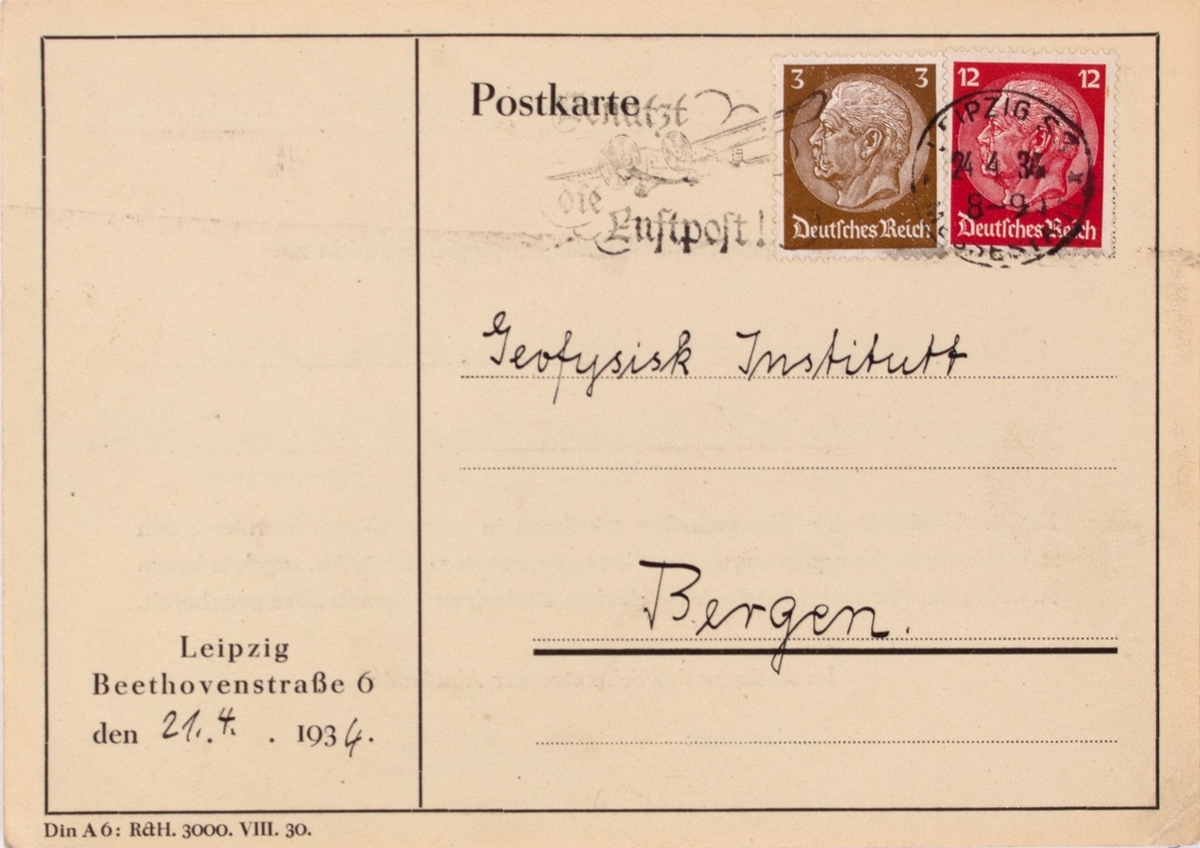 Takkekort-samling vedr. polarskipet MAUD. Takkekort fra Sächische Akademie Der Wissenschaften zu Leipzig  (med frimerke) i forbindelse med at de har mottatt publikasjon vedr. MAUD sin polekspedisjon i 1918-1925.
